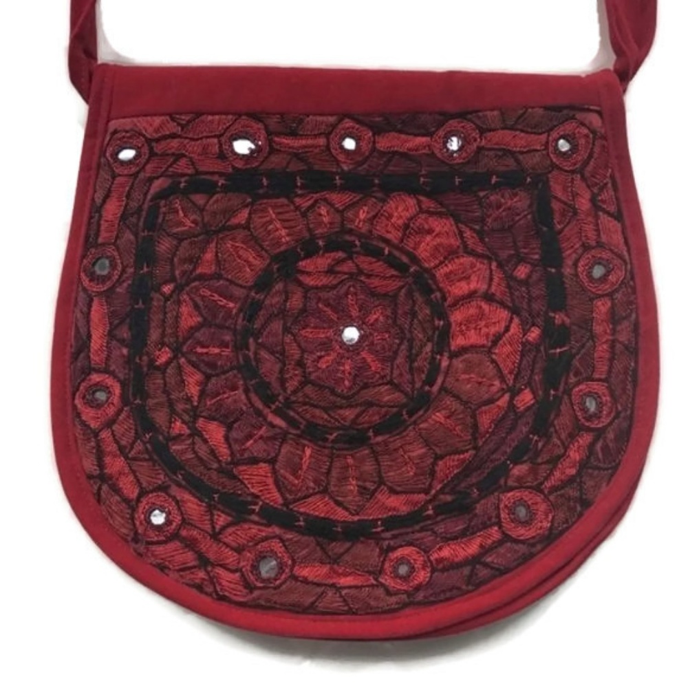 Red Velvet Boho Embroidered Crossbody Bag